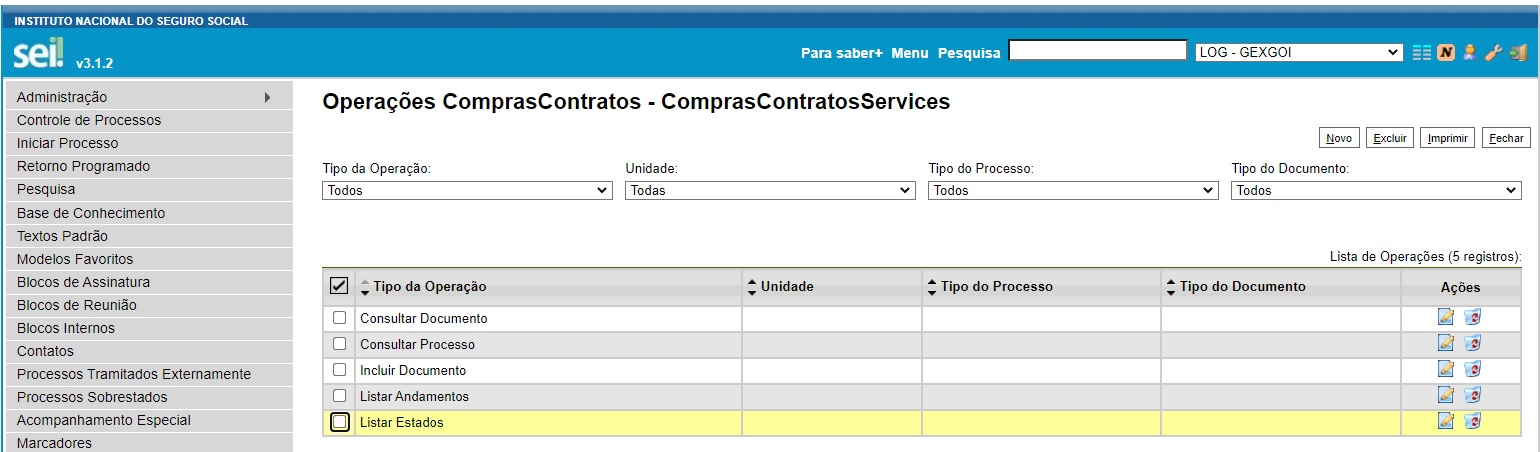 FIGURA 15 - Operações cadastradas
