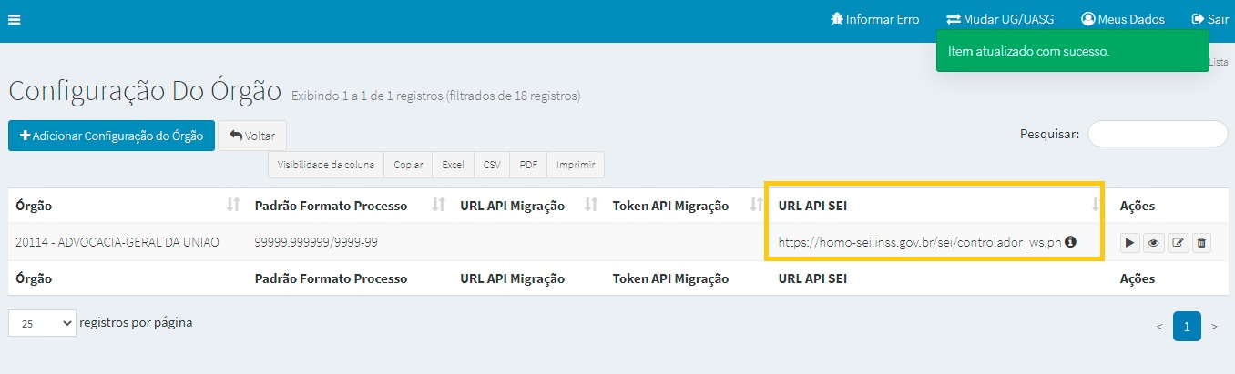 FIGURA 22 - Configuração da Integração com SEI