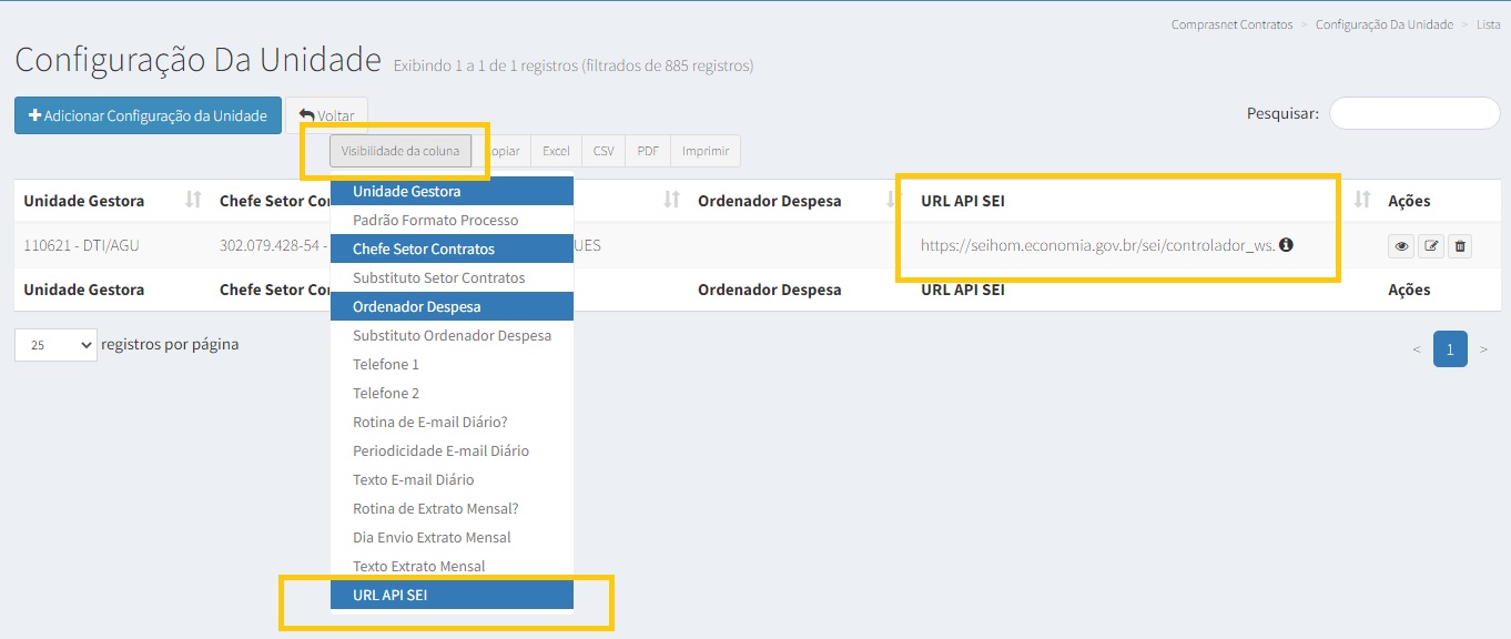 FIGURA 28 - Lista URL API SEI - Configuração da Unidade 