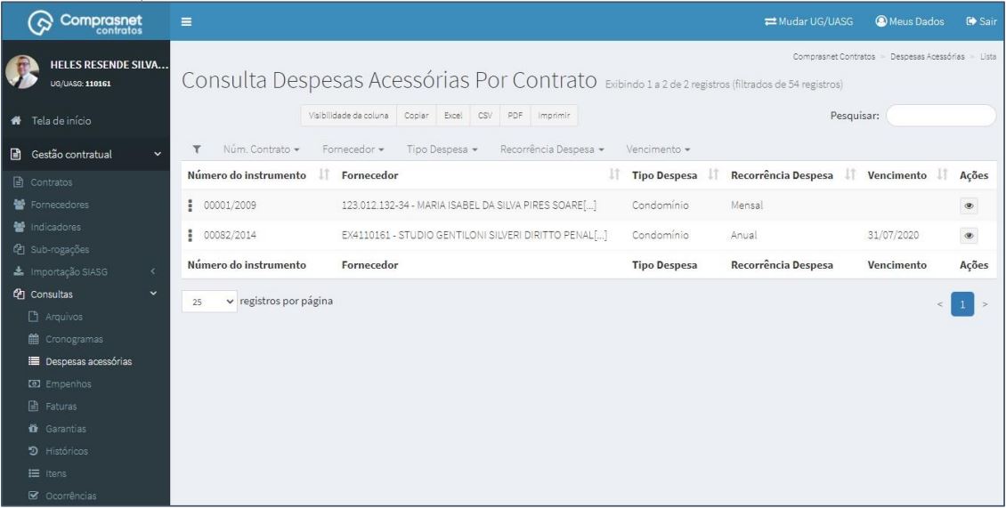 FIGURA 2 - Consulta Despesas Acessórias