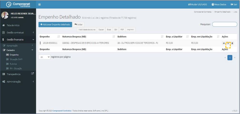 FIGURA 15 – Lista de Cadastro de Empenho Detalhado